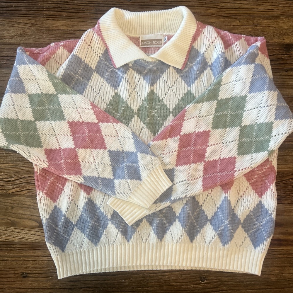 Vintage Season Ticket Argyle‎ Pink Blue Cream Sweater Women's Medium